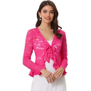 Floral Lace Shrug Tie Front Ruffled Hem Sheer Crop Bolero Cardigan Hot Pink